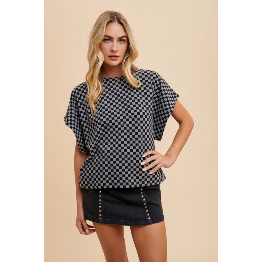 Annie Wear Checkered Round Neck Short Sleeve T-Shirt Black / S Apparel and Accessories