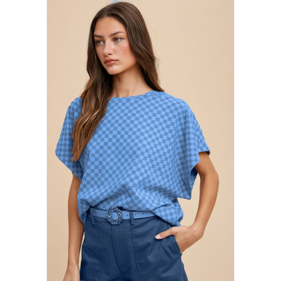 Annie Wear Checkered Round Neck Short Sleeve T-Shirt Blue / S Apparel and Accessories