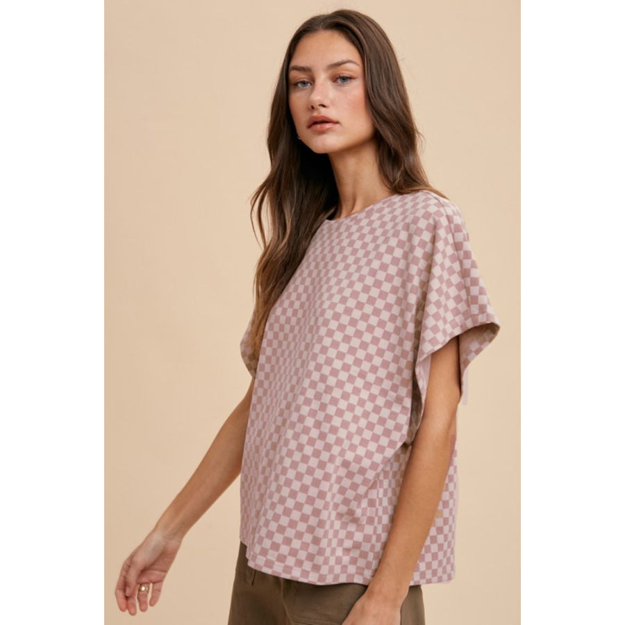 Annie Wear Checkered Round Neck Short Sleeve T-Shirt Dusty Pink / S Apparel and Accessories