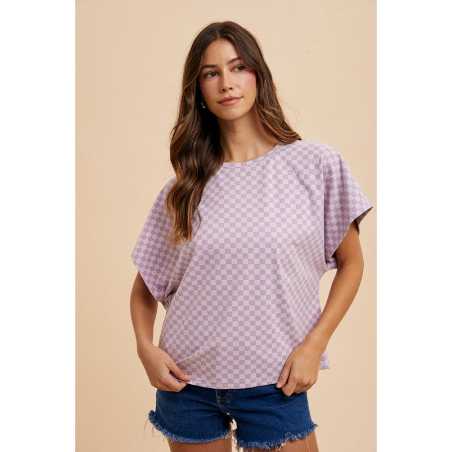 Annie Wear Checkered Round Neck Short Sleeve T-Shirt Lavender / S Apparel and Accessories