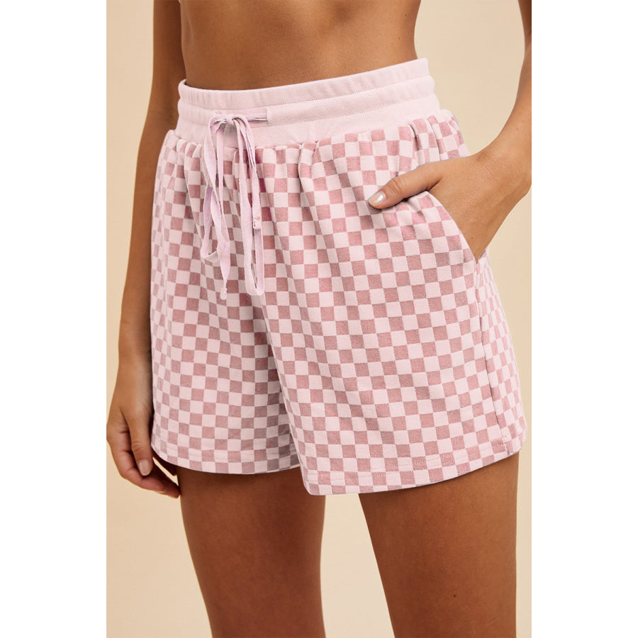 Annie Wear Checkered Round Neck Top and Drawstring Shorts Set Apparel and Accessories