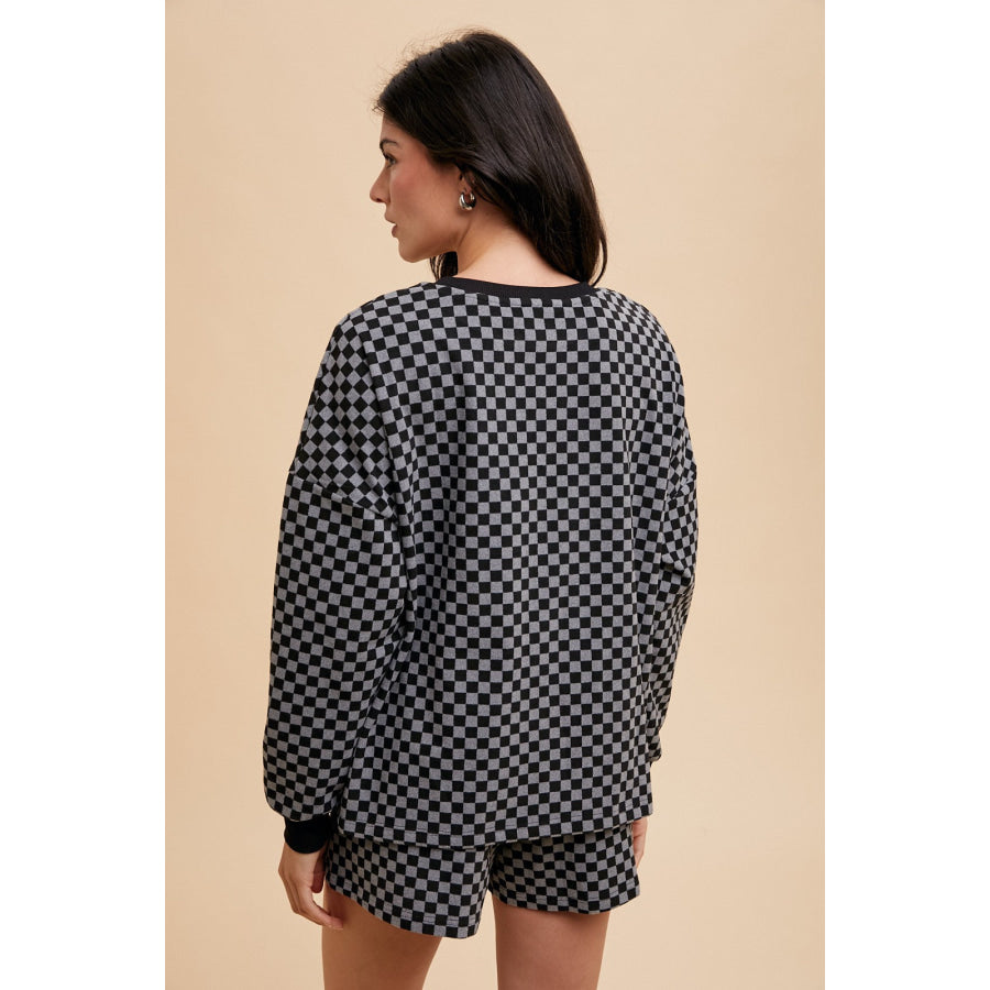 Annie Wear Checkered Round Neck Top and Drawstring Shorts Set Black / S Apparel and Accessories