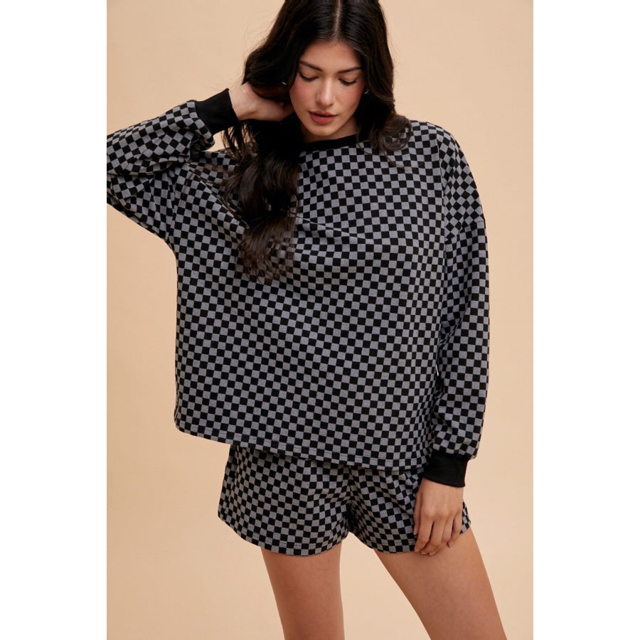 Annie Wear Checkered Round Neck Top and Drawstring Shorts Set Apparel and Accessories