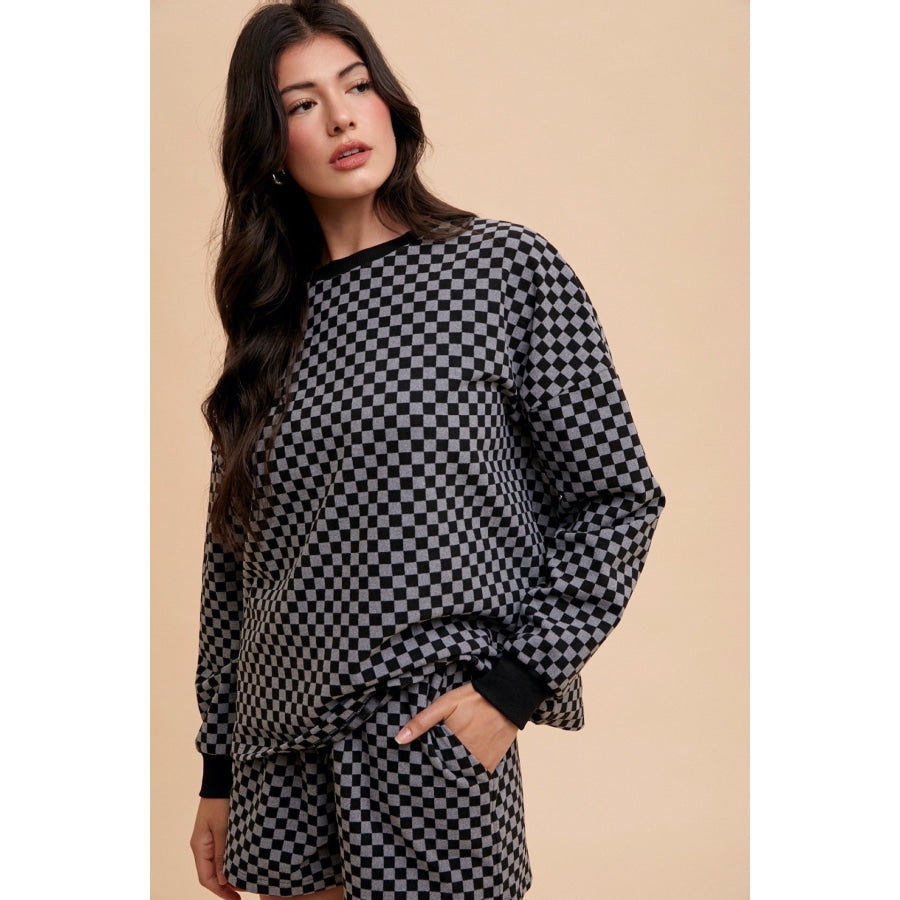 Annie Wear Checkered Round Neck Top and Drawstring Shorts Set Black / S Apparel and Accessories