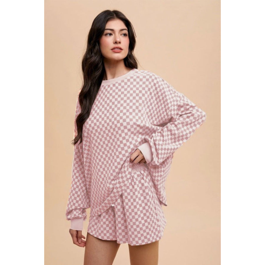 Annie Wear Checkered Round Neck Top and Drawstring Shorts Set Blush Pink / S Apparel and Accessories