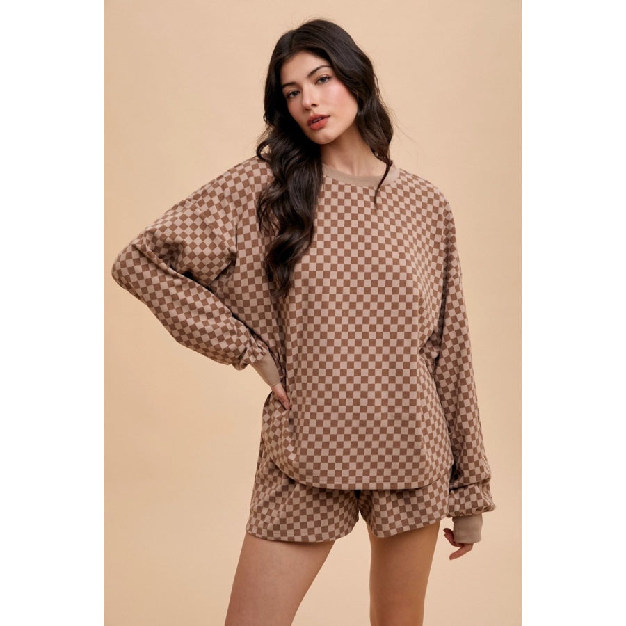 Annie Wear Checkered Round Neck Top and Drawstring Shorts Set Mocha / S Apparel and Accessories