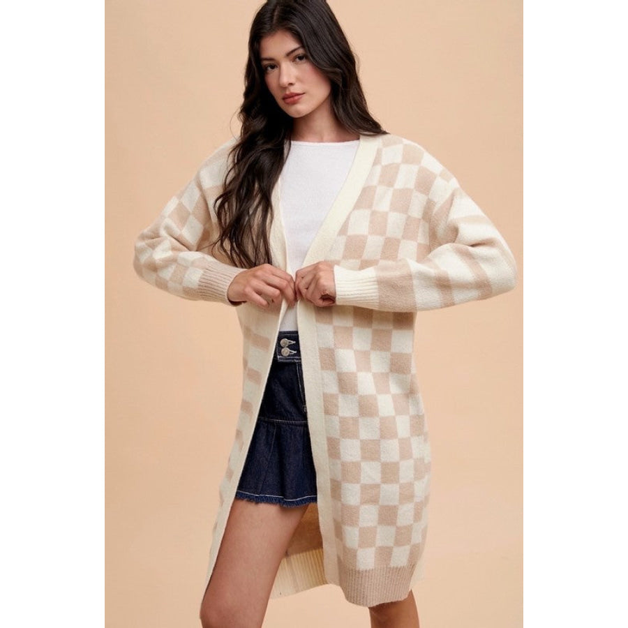 Annie Wear Checkered &amp; Striped Open Front Long Sleeve Cardigan Apparel and Accessories