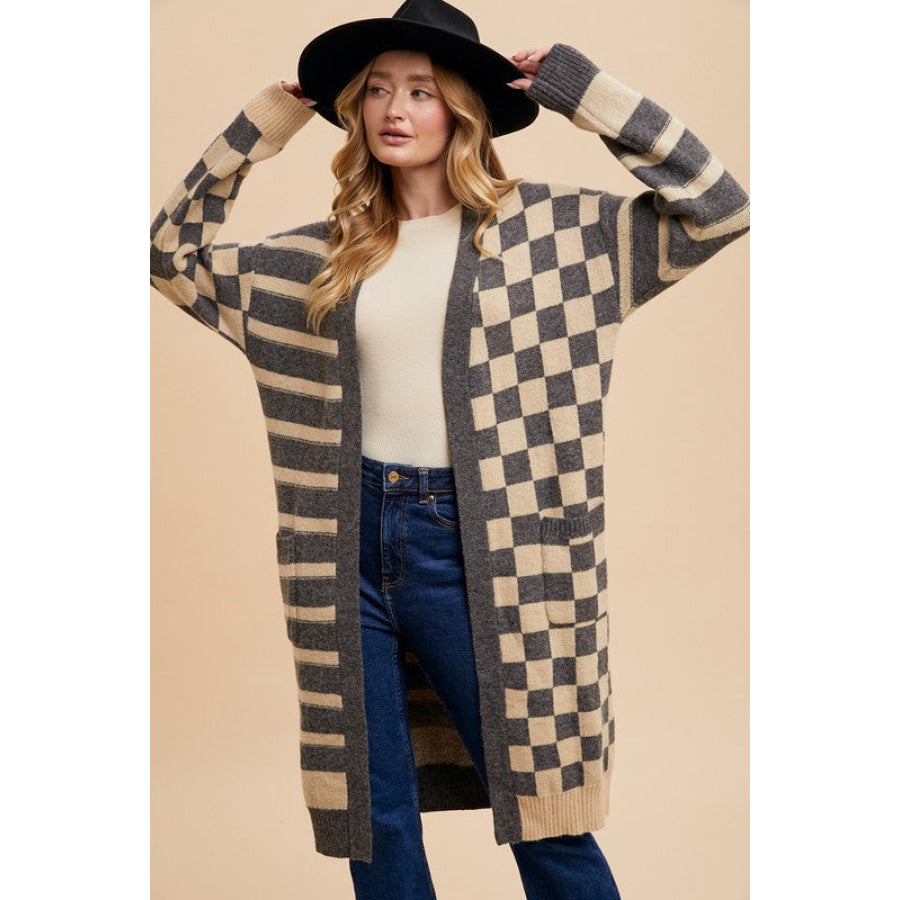 Annie Wear Checkered &amp; Striped Open Front Long Sleeve Cardigan Apparel and Accessories