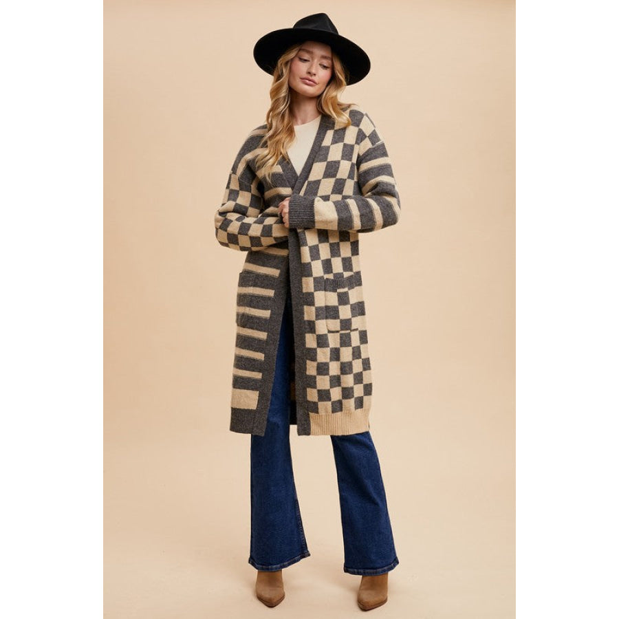 Annie Wear Checkered &amp; Striped Open Front Long Sleeve Cardigan Apparel and Accessories