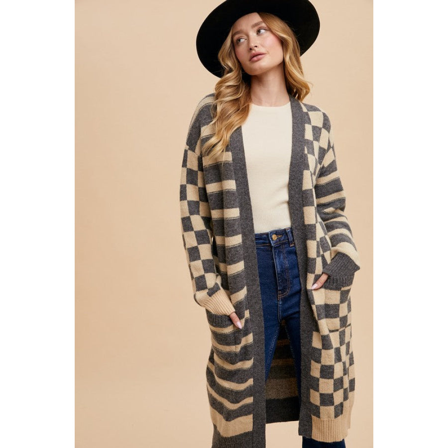 Annie Wear Checkered &amp; Striped Open Front Long Sleeve Cardigan Apparel and Accessories