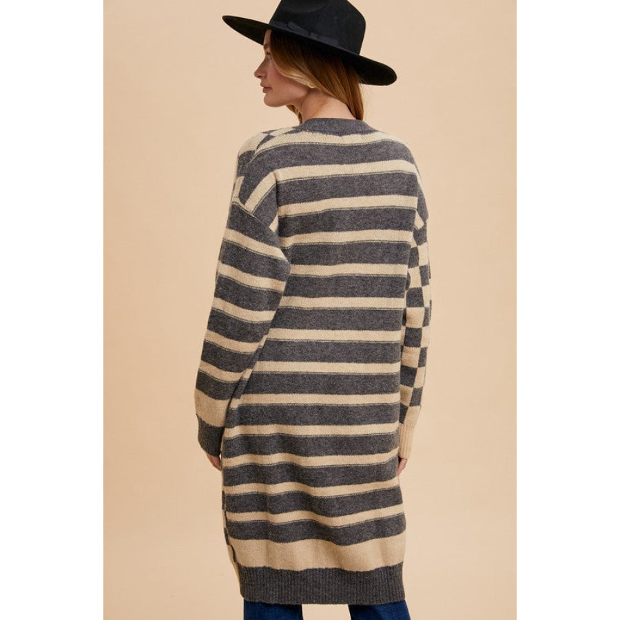 Annie Wear Checkered &amp; Striped Open Front Long Sleeve Cardigan Apparel and Accessories