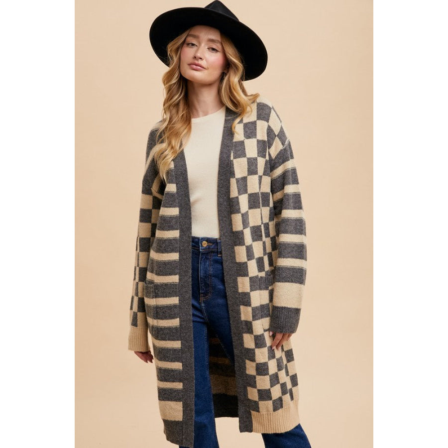 Annie Wear Checkered &amp; Striped Open Front Long Sleeve Cardigan Dark Gray / S Apparel and Accessories