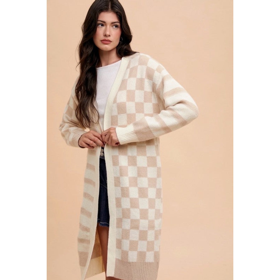 Annie Wear Checkered &amp; Striped Open Front Long Sleeve Cardigan Latte Combo / S Apparel and Accessories