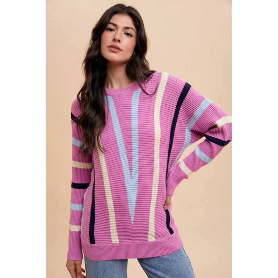 Annie Wear Chevron Stripe Round Neck Ribbed Sweater Apparel and Accessories