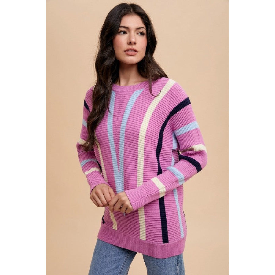 Annie Wear Chevron Stripe Round Neck Ribbed Sweater Apparel and Accessories