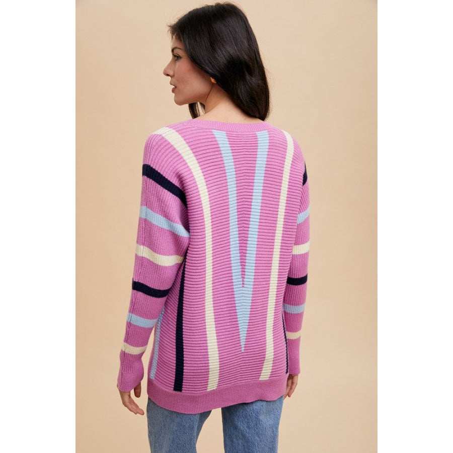 Annie Wear Chevron Stripe Round Neck Ribbed Sweater Apparel and Accessories