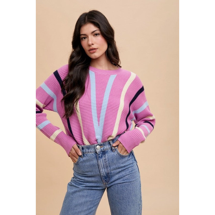 Annie Wear Chevron Stripe Round Neck Ribbed Sweater Orchid / S Apparel and Accessories