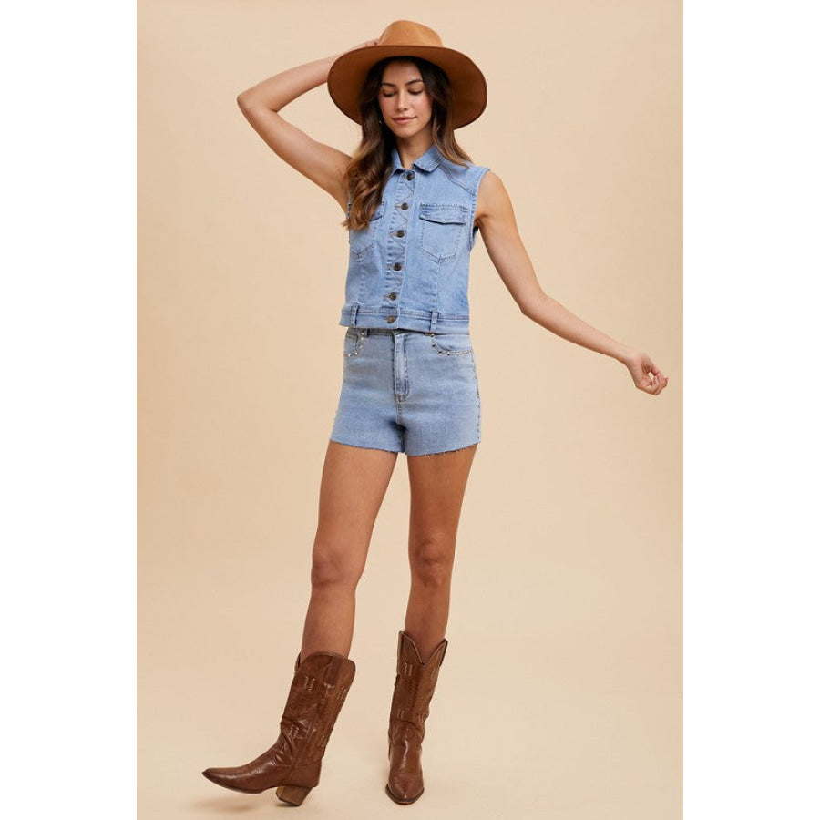 Annie Wear Collared Neck Button Down Denim Vest Apparel and Accessories