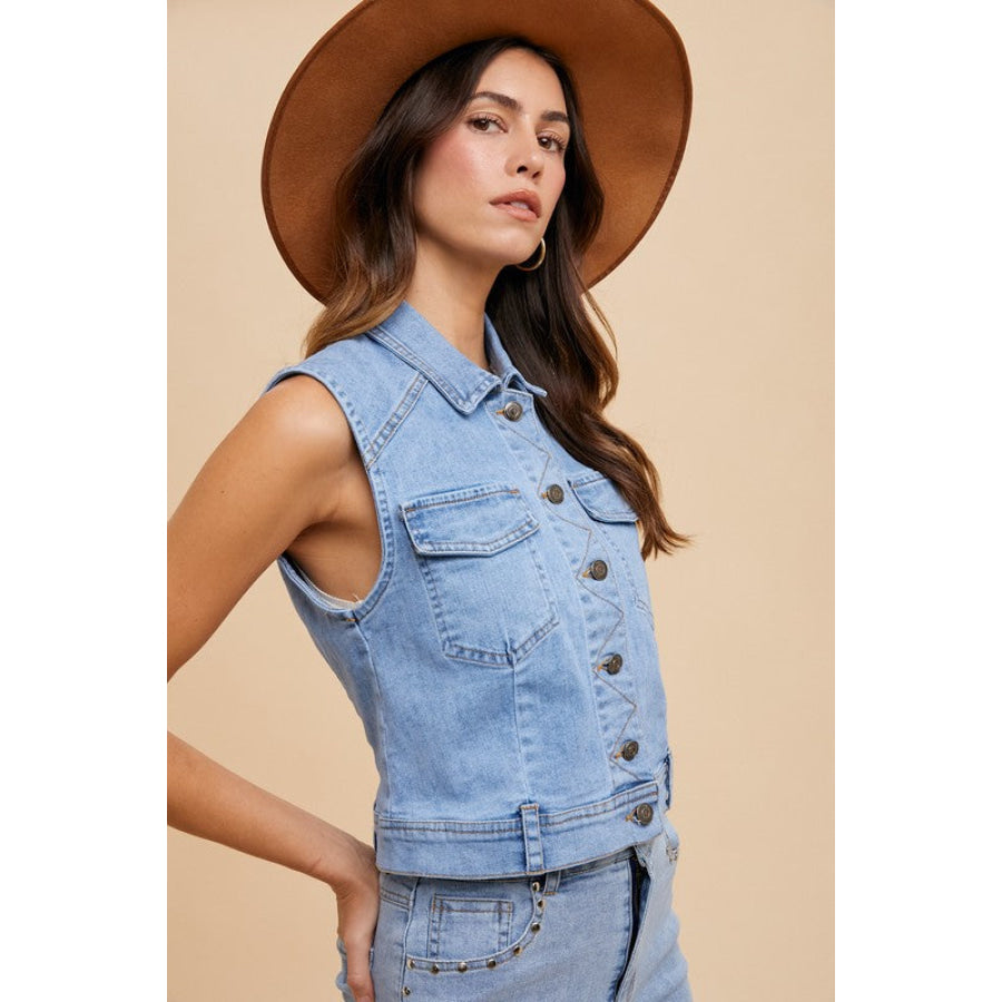 Annie Wear Collared Neck Button Down Denim Vest Medium / S Apparel and Accessories