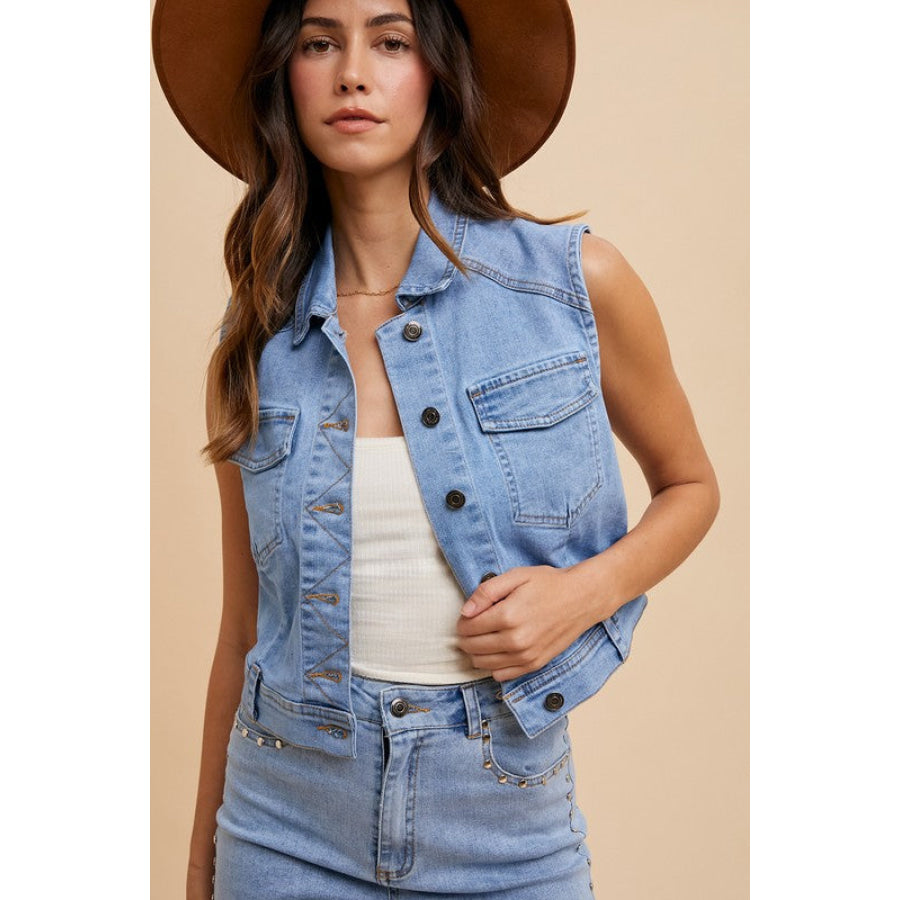 Annie Wear Collared Neck Button Down Denim Vest Apparel and Accessories