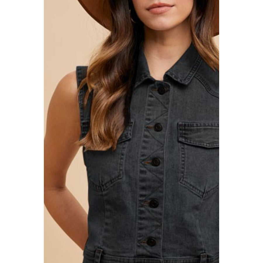 Annie Wear Collared Neck Button Down Denim Vest Apparel and Accessories