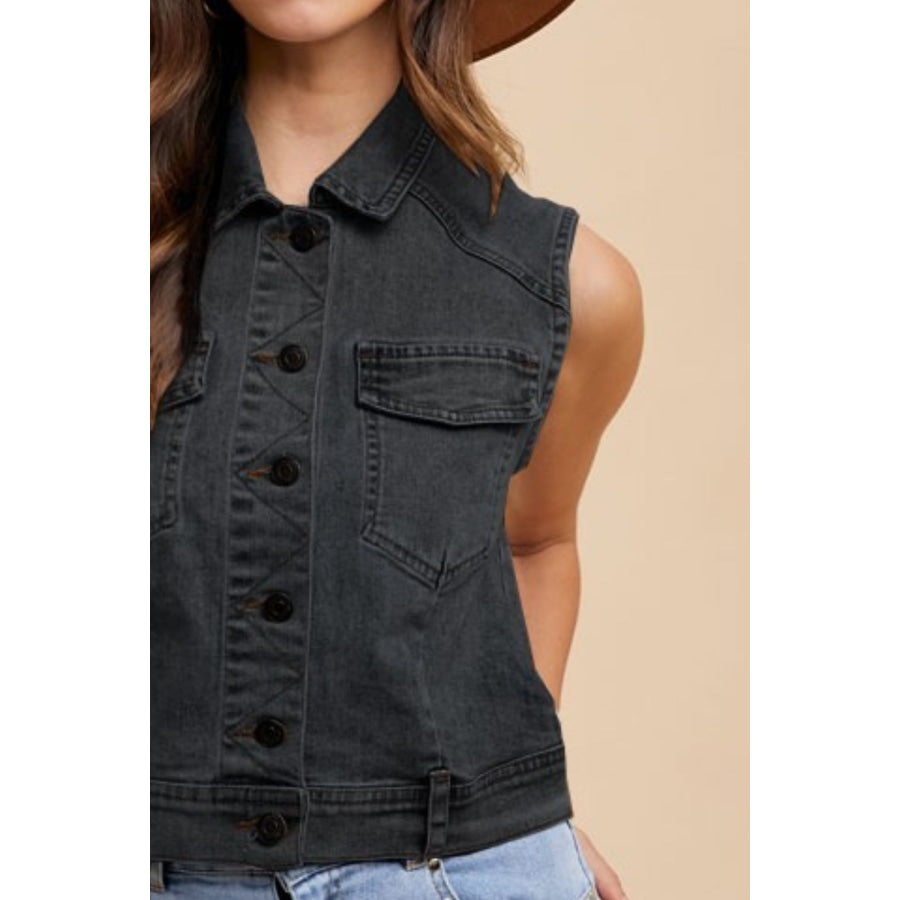 Annie Wear Collared Neck Button Down Denim Vest Apparel and Accessories