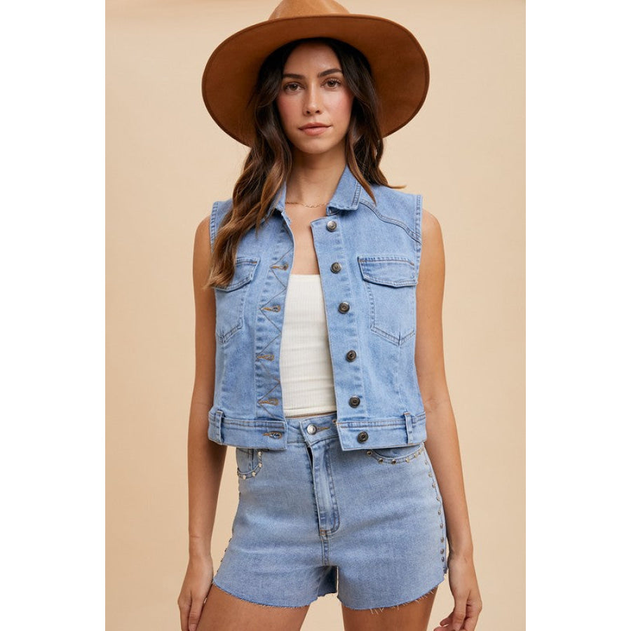 Annie Wear Collared Neck Button Down Denim Vest Apparel and Accessories