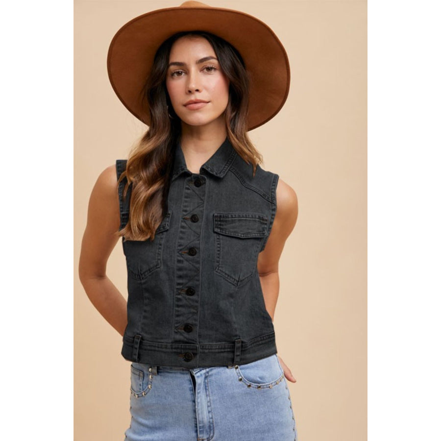 Annie Wear Collared Neck Button Down Denim Vest Black / S Apparel and Accessories