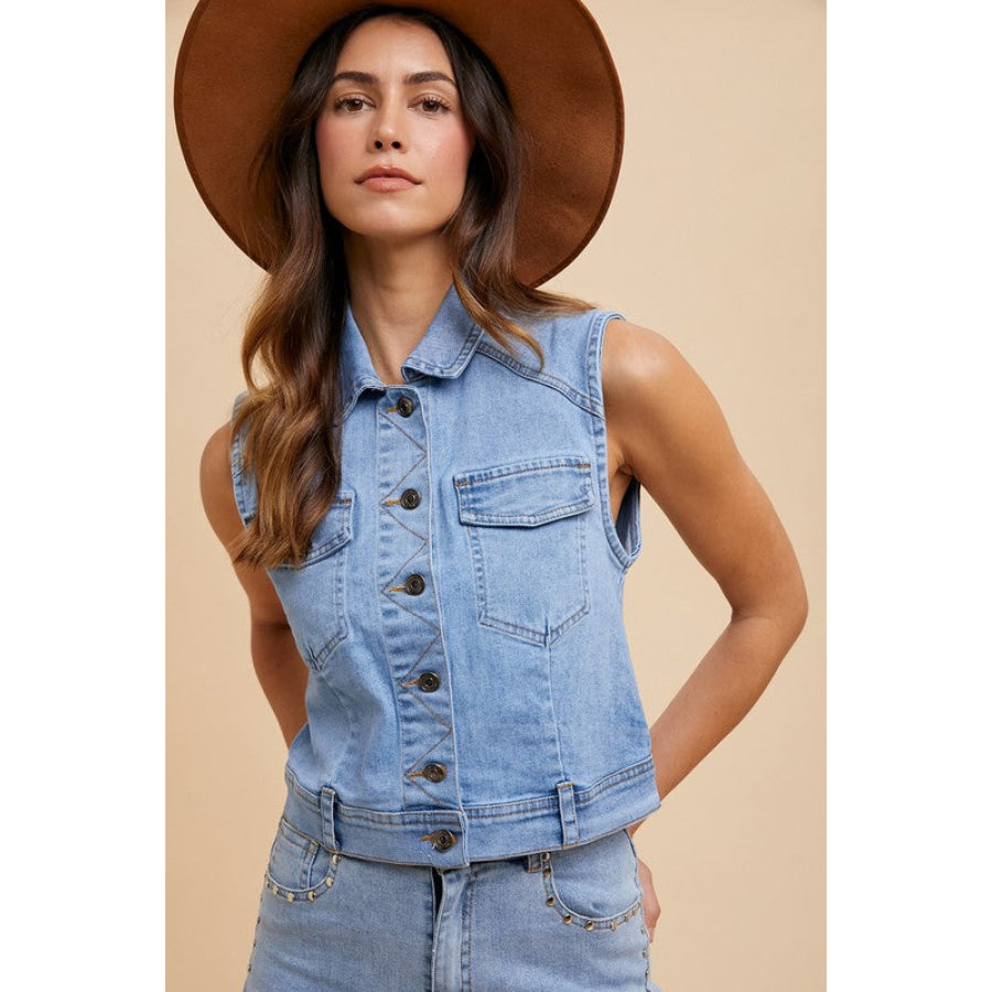 Annie Wear Collared Neck Button Down Denim Vest Medium / S Apparel and Accessories