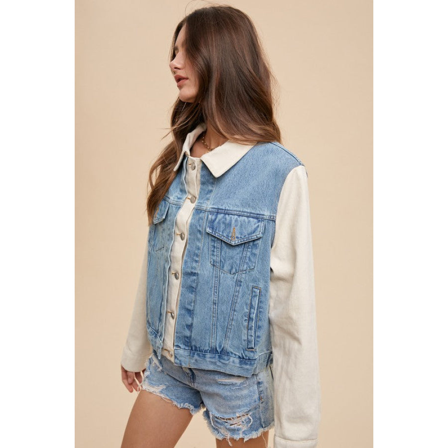 Annie Wear Collared Neck Double Placket Denim Jacket Apparel and Accessories