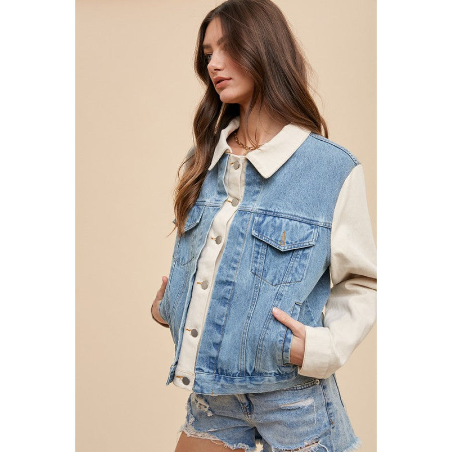 Annie Wear Collared Neck Double Placket Denim Jacket Apparel and Accessories