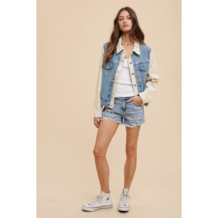 Annie Wear Collared Neck Double Placket Denim Jacket Apparel and Accessories