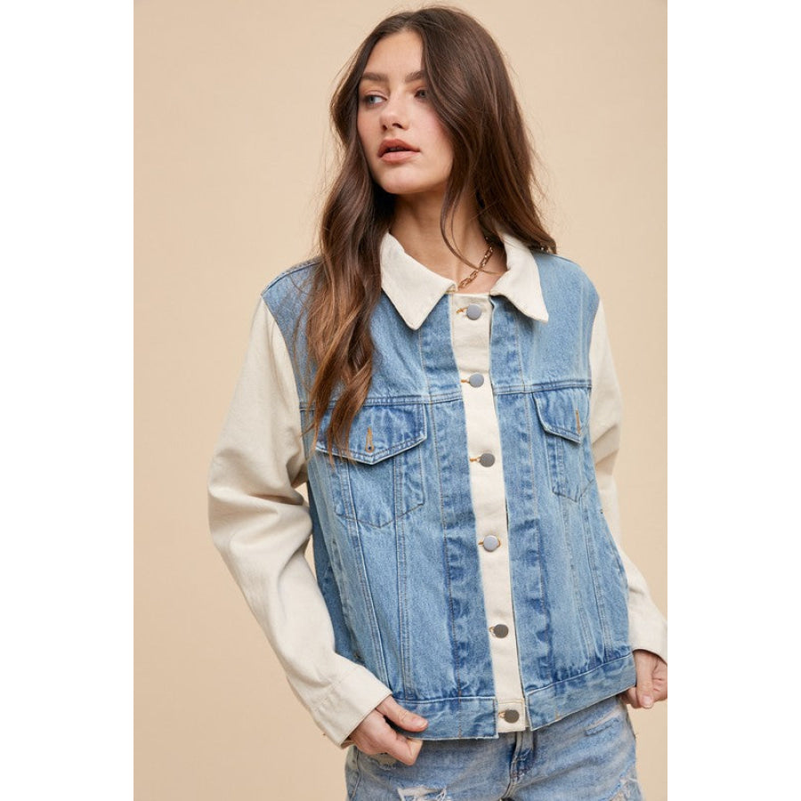 Annie Wear Collared Neck Double Placket Denim Jacket Apparel and Accessories