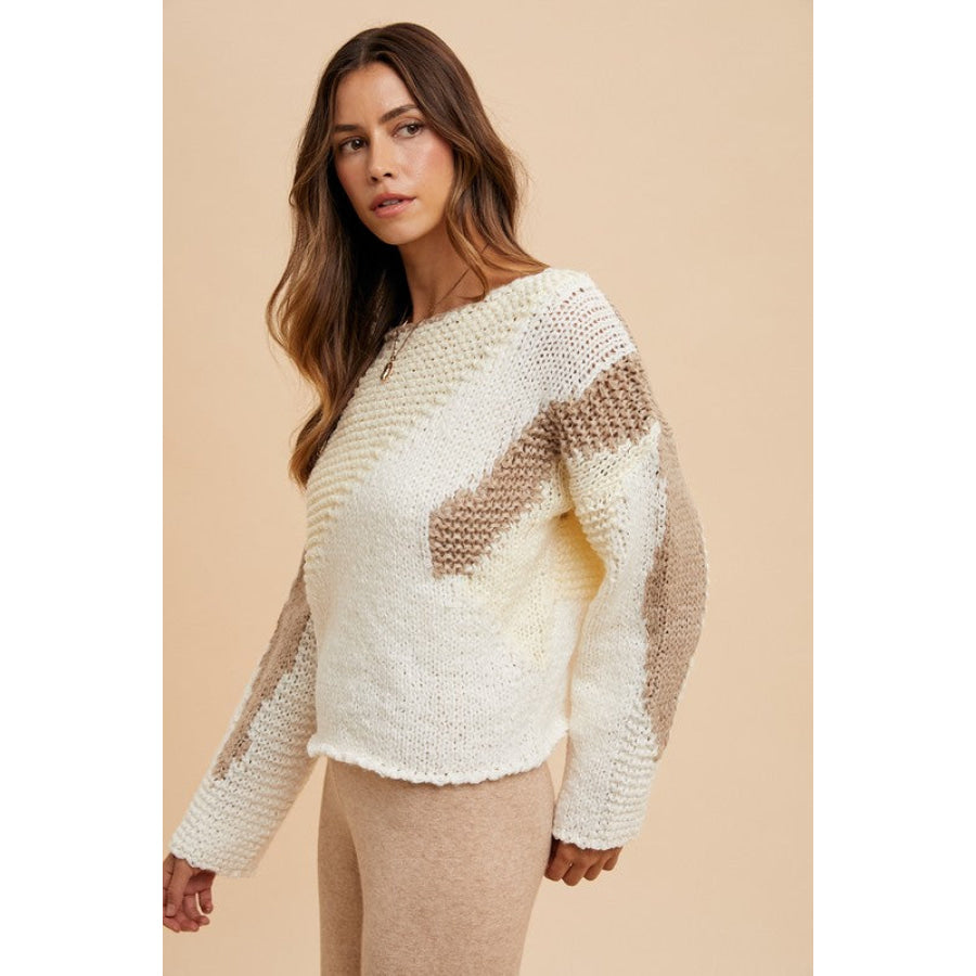 Annie Wear Color Block Drop Shoulder Sweater Taupe Combo / S Apparel and Accessories