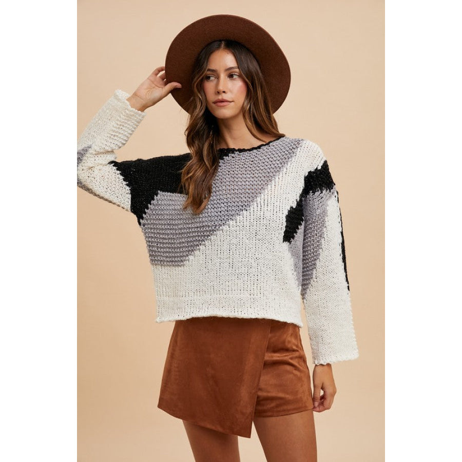 Annie Wear Color Block Drop Shoulder Sweater Black Combo / S Apparel and Accessories