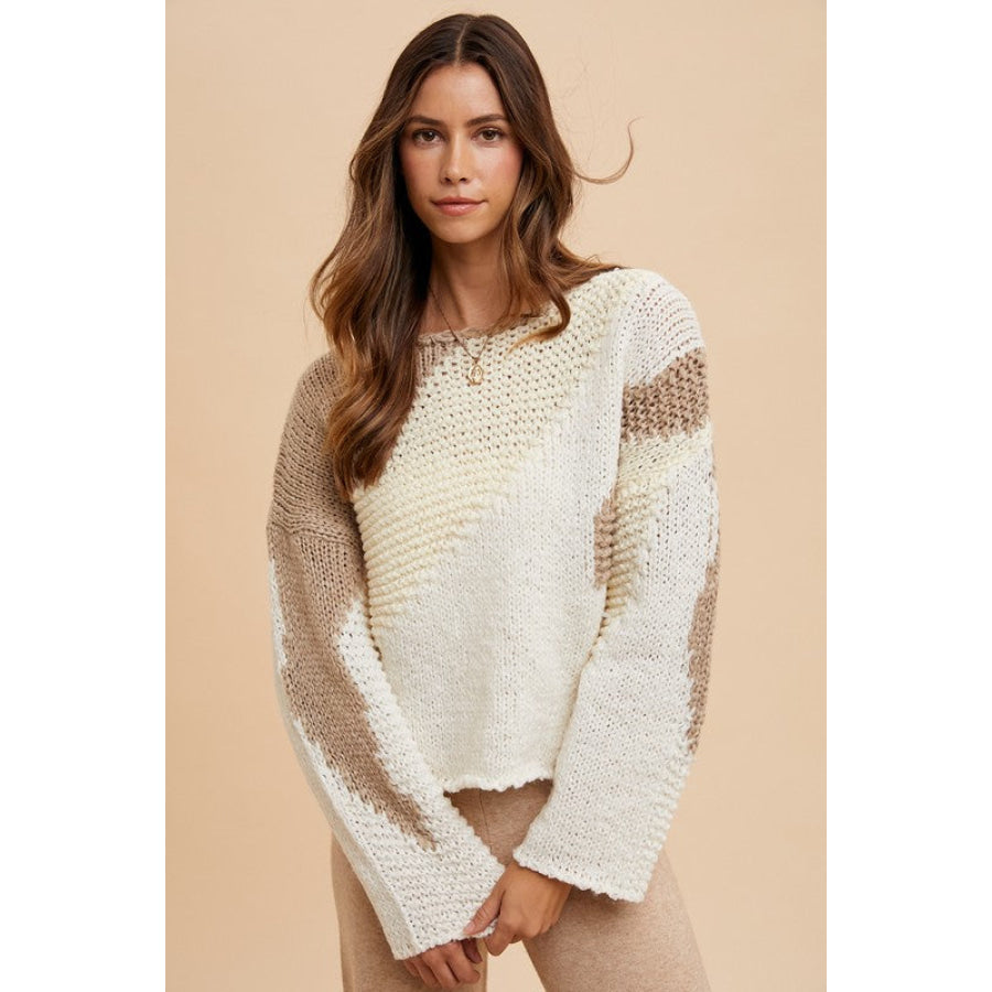 Annie Wear Color Block Drop Shoulder Sweater Taupe Combo / S Apparel and Accessories