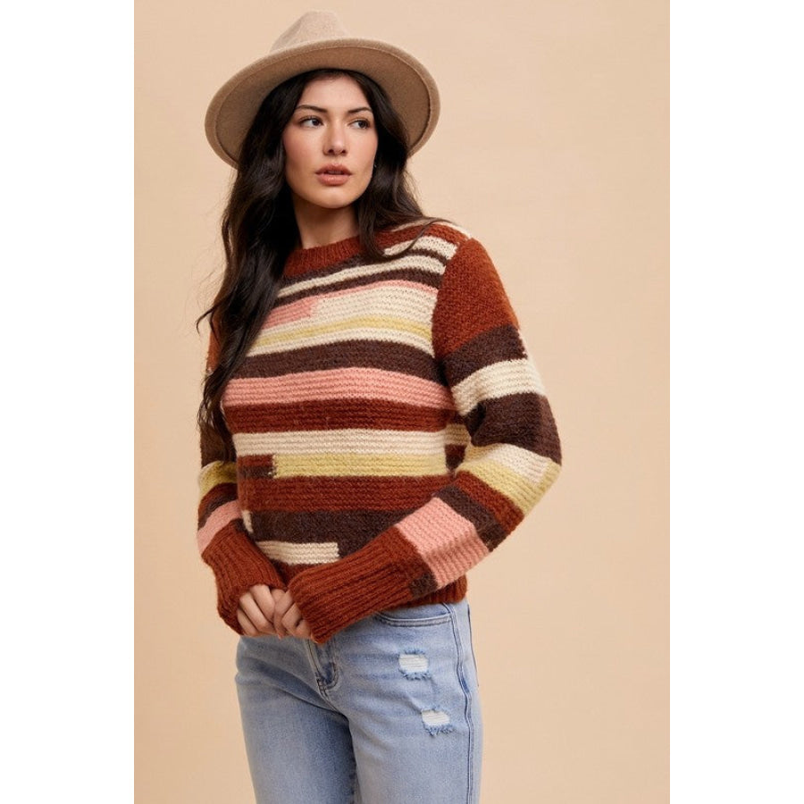 Annie Wear Color Block Round Neck Long Sleeve Sweater Apparel and Accessories