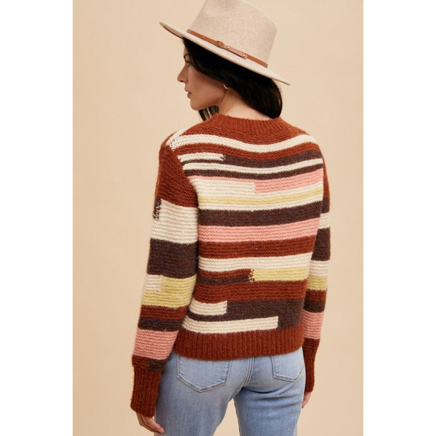 Annie Wear Color Block Round Neck Long Sleeve Sweater Chocolate Multicolor / S Apparel and Accessories