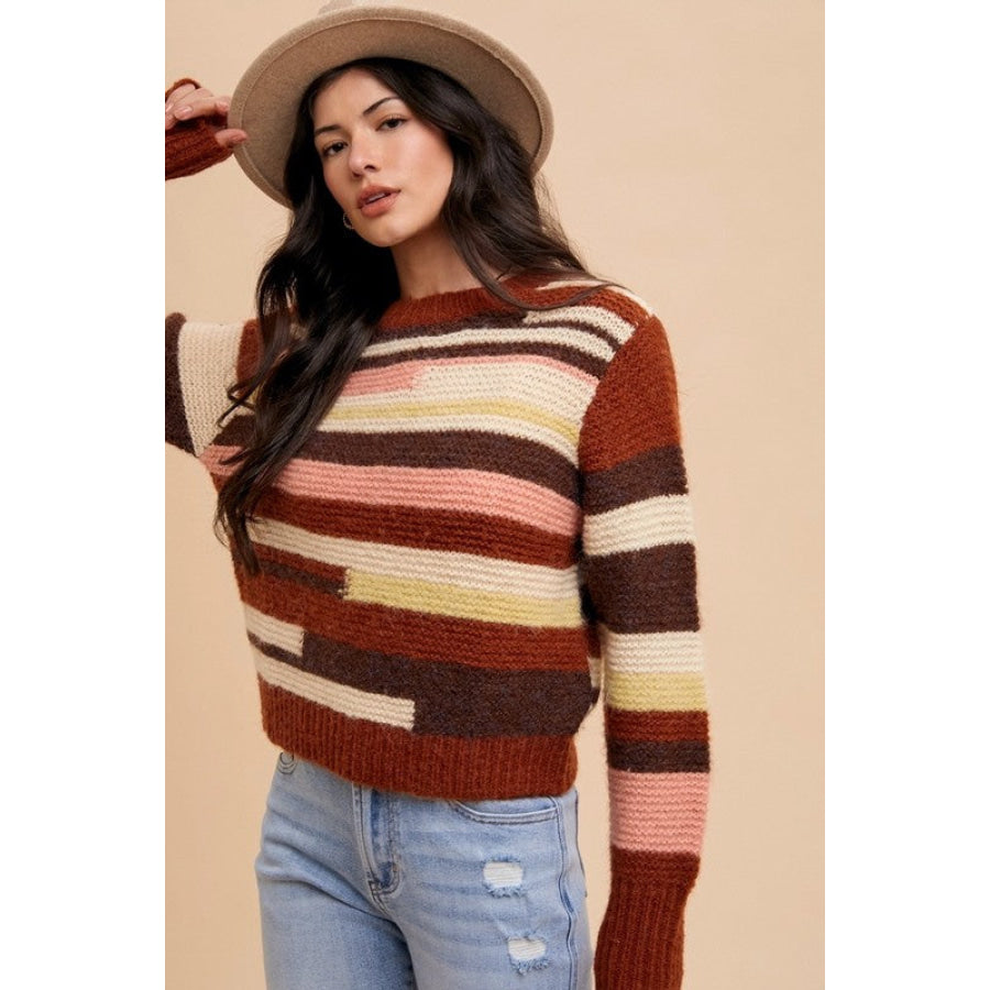 Annie Wear Color Block Round Neck Long Sleeve Sweater Apparel and Accessories