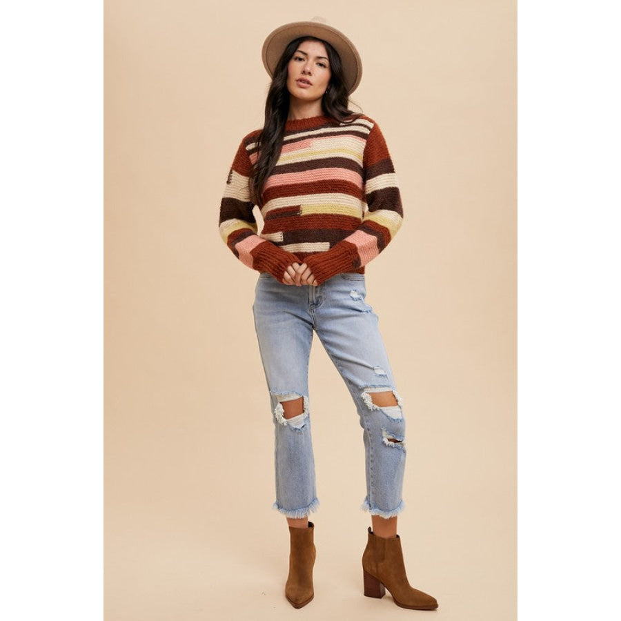 Annie Wear Color Block Round Neck Long Sleeve Sweater Apparel and Accessories