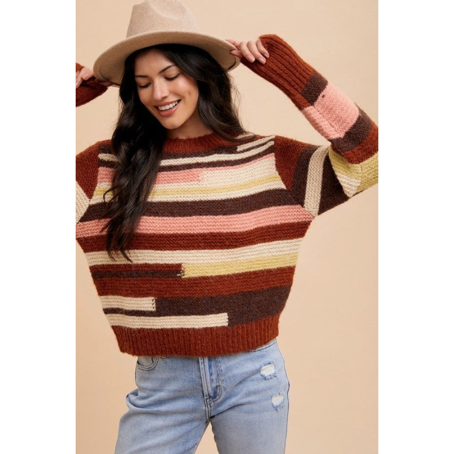 Annie Wear Color Block Round Neck Long Sleeve Sweater Chocolate Multicolor / S Apparel and Accessories