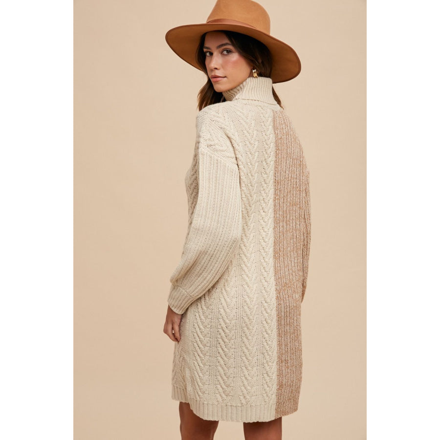 Annie Wear Color Block Turtleneck Sweater Dress Taupe / S Apparel and Accessories