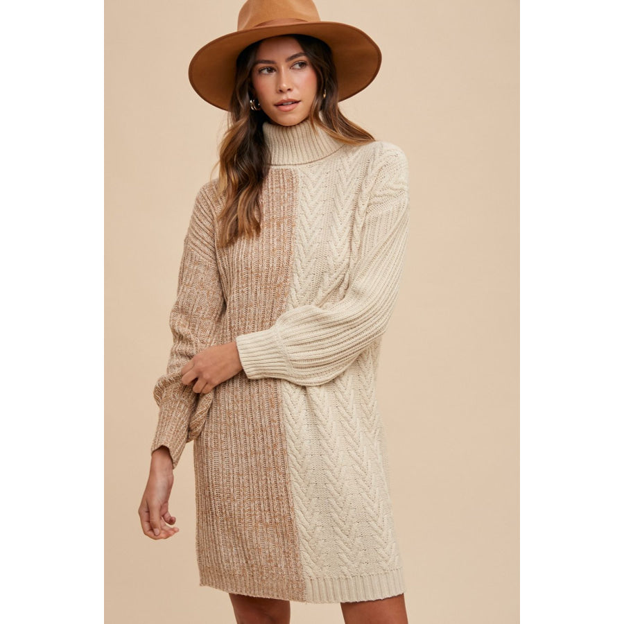 Annie Wear Color Block Turtleneck Sweater Dress Taupe / S Apparel and Accessories