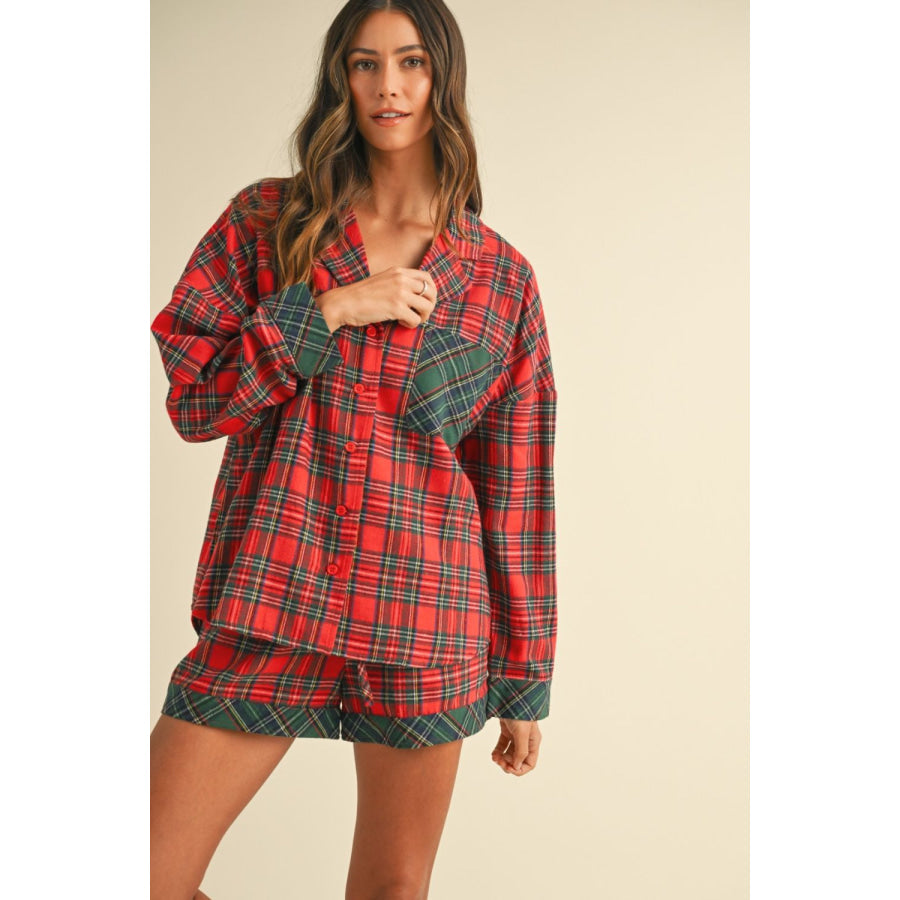 Annie Wear Contrast Plaid Long Sleeve Top and Shorts Set Apparel and Accessories