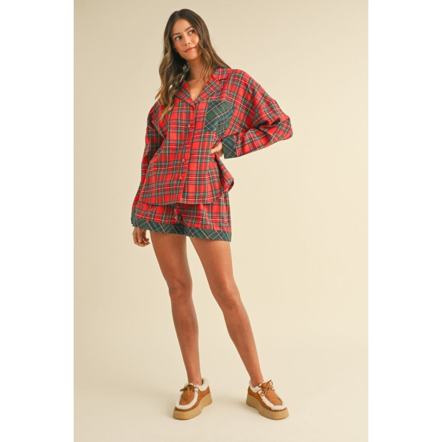 Annie Wear Contrast Plaid Long Sleeve Top and Shorts Set Apparel and Accessories