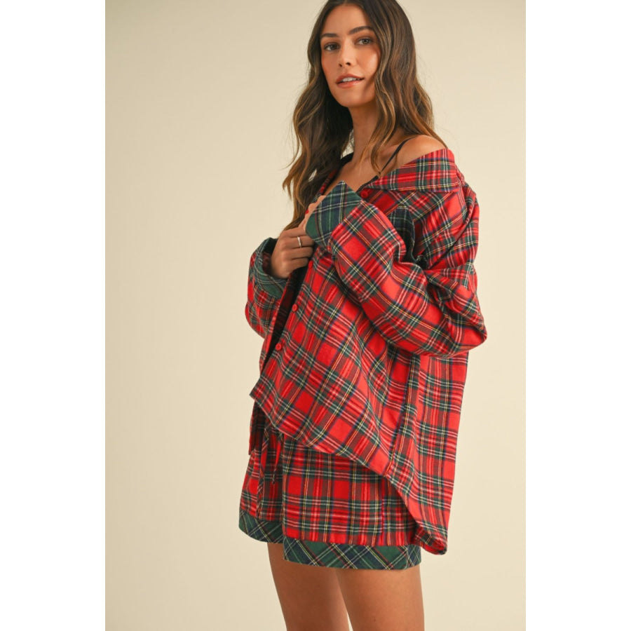 Annie Wear Contrast Plaid Long Sleeve Top and Shorts Set Apparel and Accessories