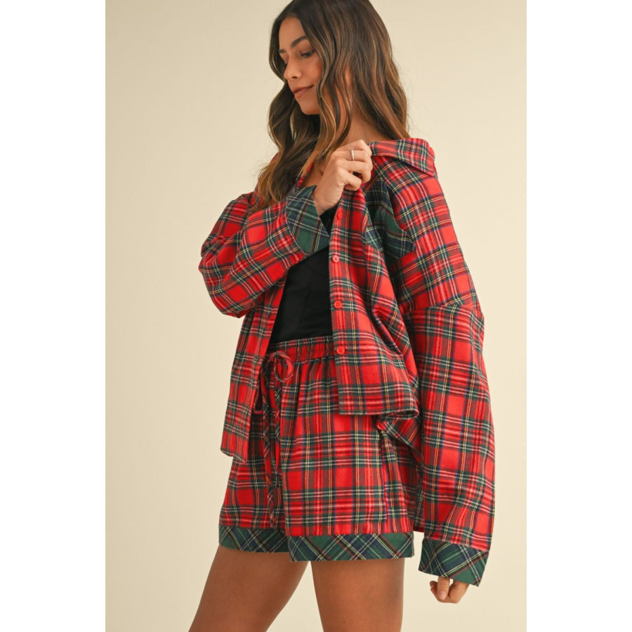 Annie Wear Contrast Plaid Long Sleeve Top and Shorts Set Apparel and Accessories