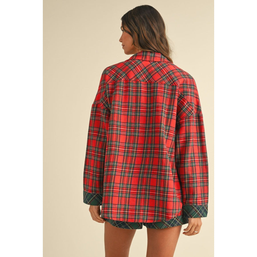 Annie Wear Contrast Plaid Long Sleeve Top and Shorts Set Apparel and Accessories