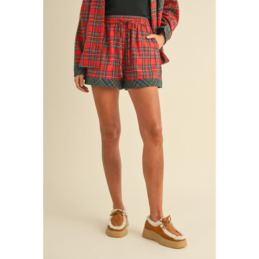 Annie Wear Contrast Plaid Long Sleeve Top and Shorts Set Apparel and Accessories