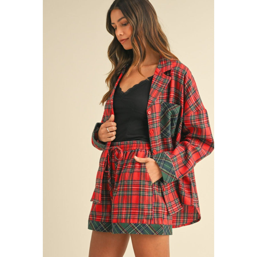 Annie Wear Contrast Plaid Long Sleeve Top and Shorts Set Apparel and Accessories